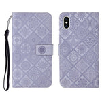 Custodia in pelle a ribalta orizzontale con motivo in rilievo in stile etnico con supporto e fessure per carte, portafoglio e cordino, For iPhone XS / X