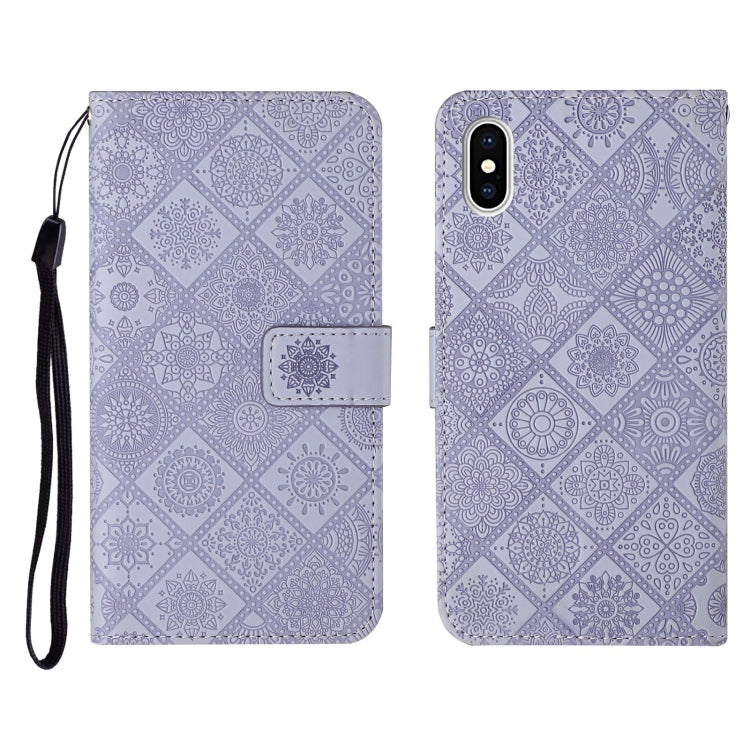 Custodia in pelle a ribalta orizzontale con motivo in rilievo in stile etnico con supporto e fessure per carte, portafoglio e cordino, For iPhone XS / X