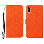 Custodia in pelle a ribalta orizzontale con motivo in rilievo in stile etnico con supporto e fessure per carte, portafoglio e cordino, For iPhone XS / X