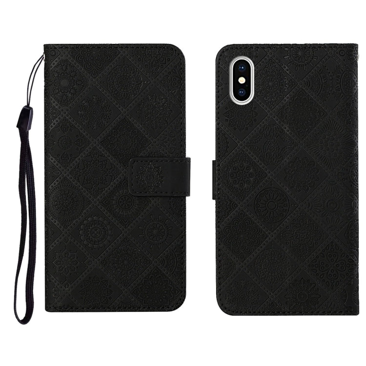 Custodia in pelle a ribalta orizzontale con motivo in rilievo in stile etnico con supporto e fessure per carte, portafoglio e cordino, For iPhone XS / X