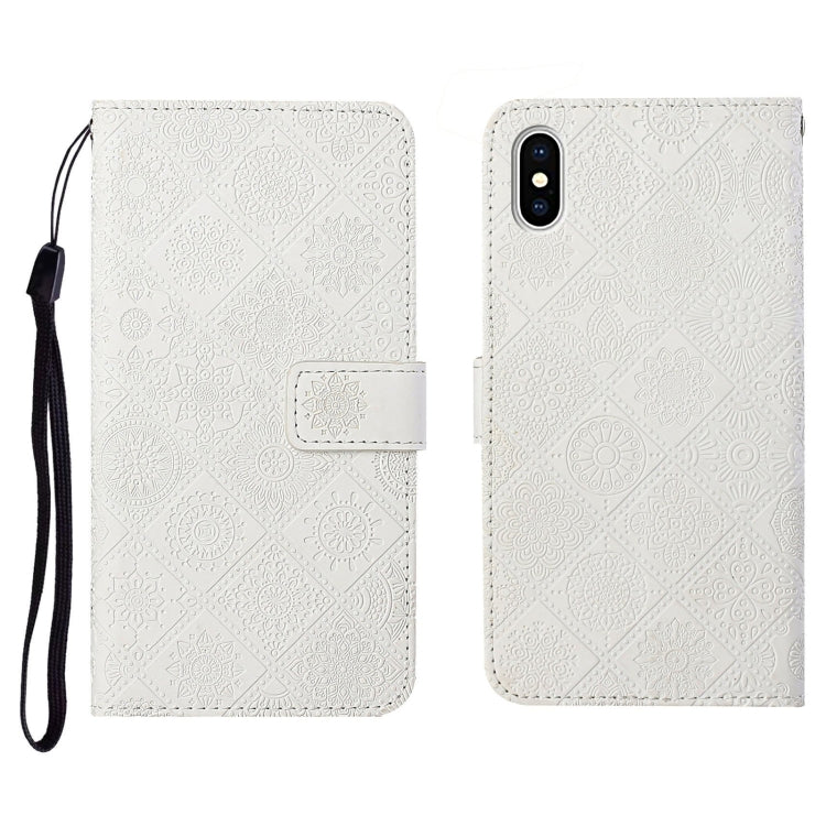 Custodia in pelle a ribalta orizzontale con motivo in rilievo in stile etnico con supporto e fessure per carte, portafoglio e cordino, For iPhone XS / X