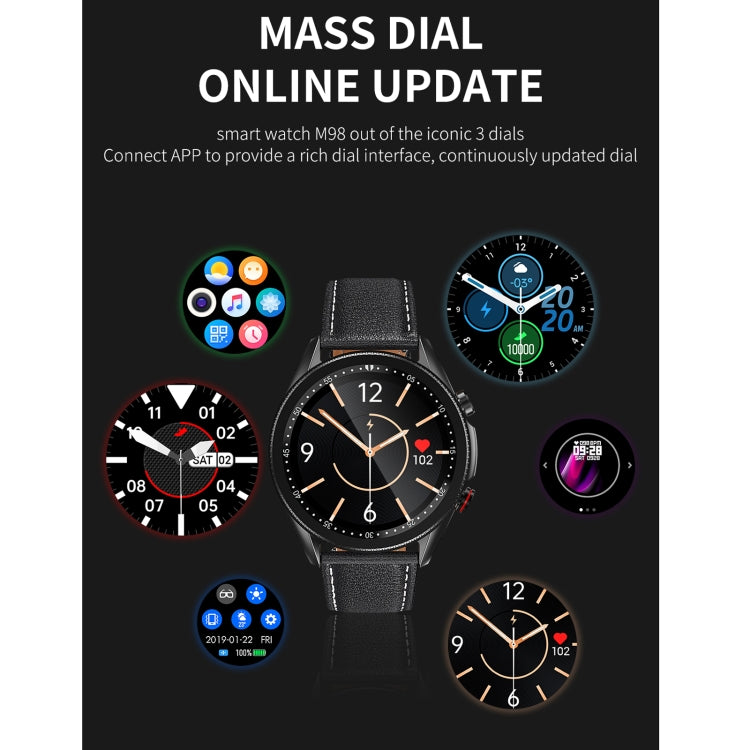 M98 Schermo a colori IPS da 1,28 pollici IP67 Orologio intelligente impermeabile, supporto monitor del sonno / cardiofrequenzimetro / chiamata Bluetooth, stile: cinturino in pelle, Leather Strap(Silver), Leather Strap(Black)