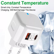 Adattatore di alimentazione per caricabatterie da viaggio a doppia porta PD + QC 3.0 da 20 W,, US Plug, EU Plug, UK Plug