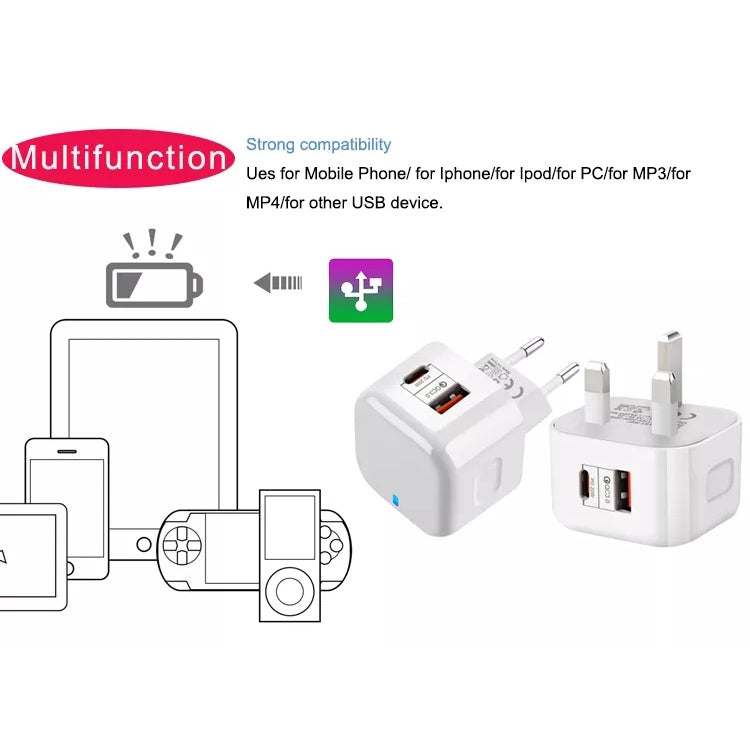 Adattatore doppia porta PD QC 3.0 20W plug US EU UK