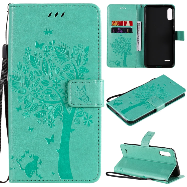 Custodia in pelle sintetica a vibrazione orizzontale con motivo ad albero e gatto con supporto e fessure per carte, portafoglio e cordino, For LG K22 / K22 Plus, For Huawei P Smart 2021