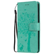 Custodia in pelle sintetica a vibrazione orizzontale con motivo ad albero e gatto con supporto e fessure per carte, portafoglio e cordino, For LG K22 / K22 Plus, For Huawei P Smart 2021