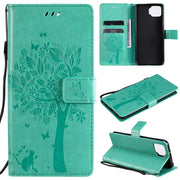 Custodia in pelle sintetica a vibrazione orizzontale con motivo ad albero e gatto con supporto e fessure per carte, portafoglio e cordino, For OPPO F17 / A73, For Samsung Galaxy A42 5G