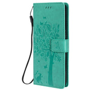 Custodia in pelle sintetica a vibrazione orizzontale con motivo ad albero e gatto con supporto e fessure per carte, portafoglio e cordino, For OPPO F17 / A73, For Samsung Galaxy A42 5G