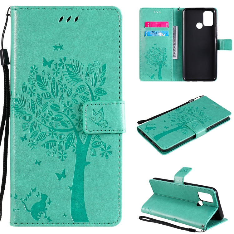 Custodia in pelle sintetica a vibrazione orizzontale con motivo ad albero e gatto con supporto e fessure per carte, portafoglio e cordino, For OPPO Realme 7i / C17, For Xiaomi Mi 10T / 10T Pro