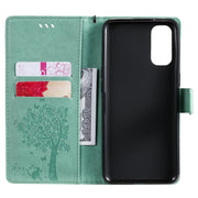 Custodia in pelle sintetica a vibrazione orizzontale con motivo ad albero e gatto con supporto e fessure per carte, portafoglio e cordino, For OPPO Reno4