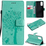 Custodia in pelle sintetica a vibrazione orizzontale con motivo ad albero e gatto con supporto e fessure per carte, portafoglio e cordino, For OPPO Reno4