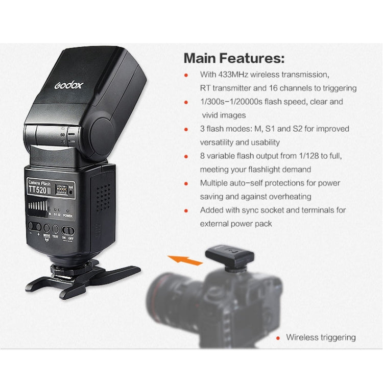Godox TT520II 433MHZ Wireless 1/300s-1/2000s HSS Flash Speedlite Camera Luce di riempimento superiore per fotocamere DSLR Canon/Nikon, TT520II