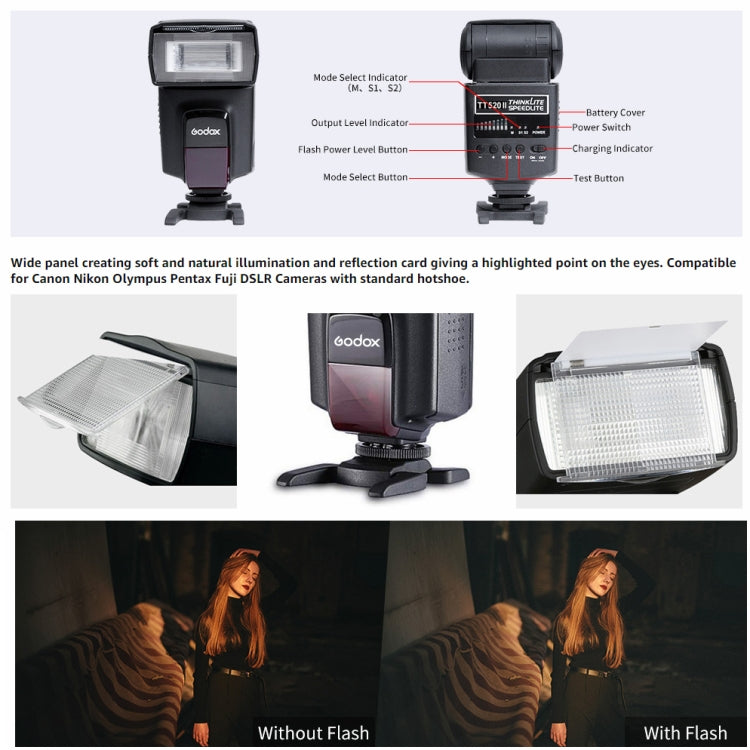 Godox TT520II 433MHZ Wireless 1/300s-1/2000s HSS Flash Speedlite Camera Luce di riempimento superiore per fotocamere DSLR Canon/Nikon, TT520II