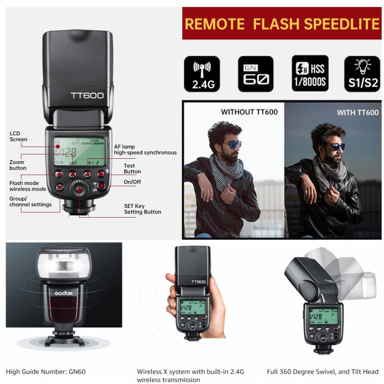 Godox TT600 2.4GHz Wireless 1/300s-1/2000s HSS Flash Speedlite Luce di riempimento superiore per fotocamere Canon/Nikon DSLR, TT600