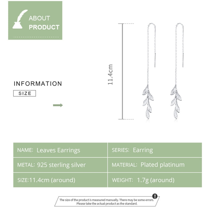 Orecchini da donna a foglia lunga stile semplice in argento sterling S925, Long Leaves