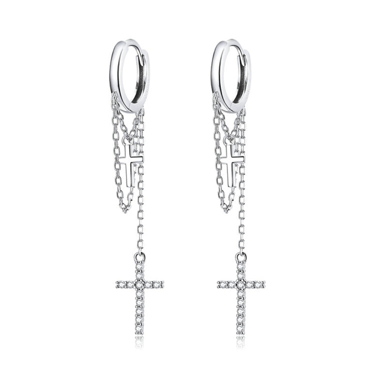 Orecchini da donna con croce brillante con nappa lunga in argento sterling S925, Long Tassel Shining Cross