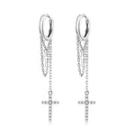 Orecchini da donna con croce brillante con nappa lunga in argento sterling S925, Long Tassel Shining Cross