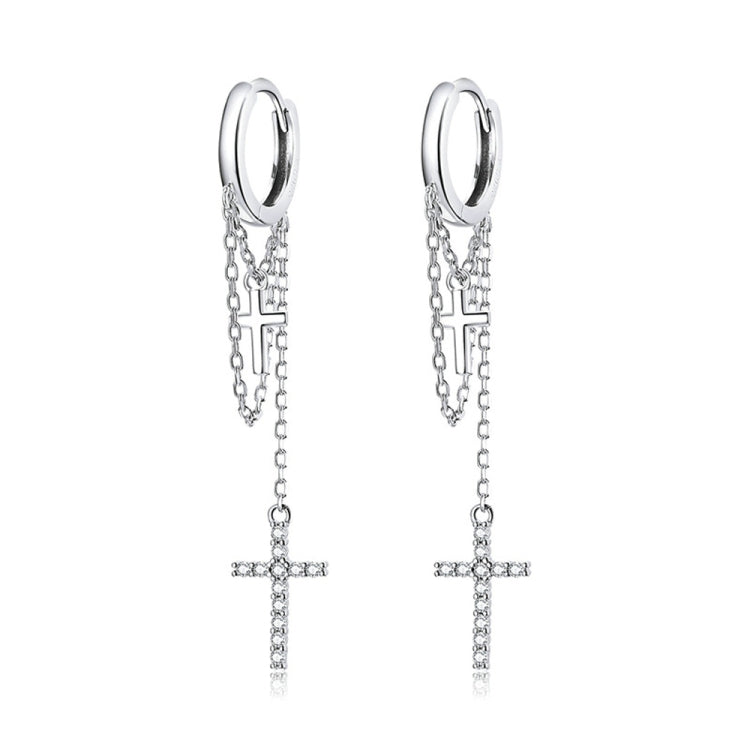Orecchini da donna con croce brillante con nappa lunga in argento sterling S925, Long Tassel Shining Cross