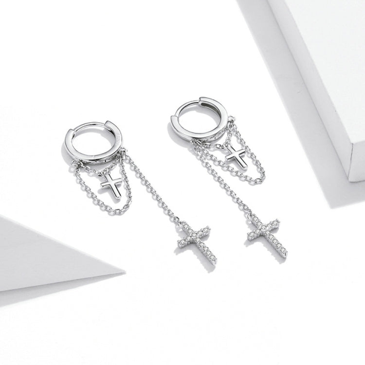 Orecchini da donna con croce brillante con nappa lunga in argento sterling S925, Long Tassel Shining Cross