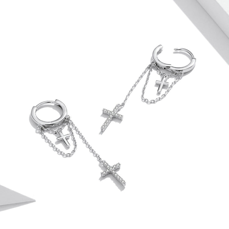 Orecchini da donna con croce brillante con nappa lunga in argento sterling S925, Long Tassel Shining Cross