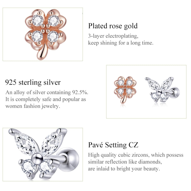 Orecchini da donna con farfalla e trifoglio in argento sterling S925, Clover Butterfly