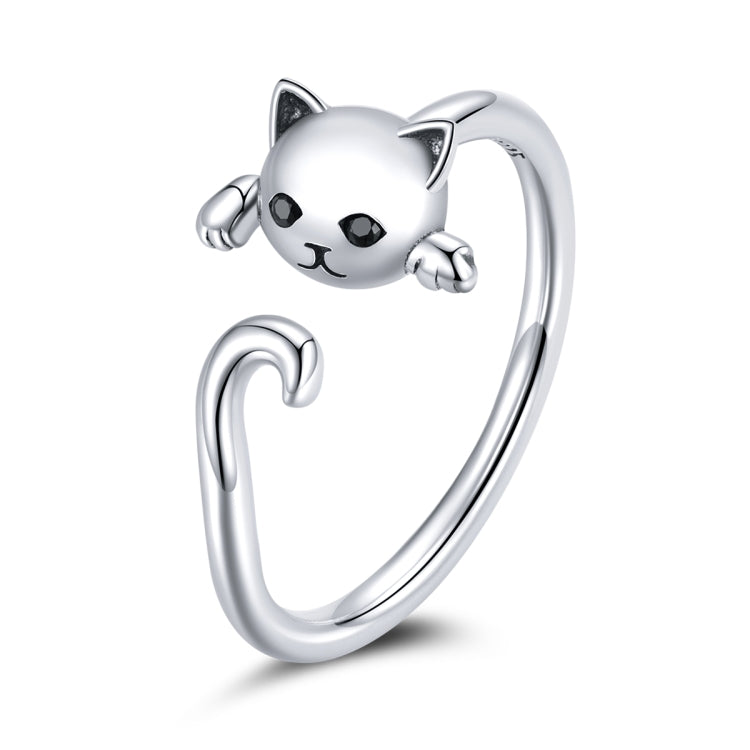 Anello aperto da donna con gatto carino in argento sterling S925, Cute Cat, Cute Cat (Black)