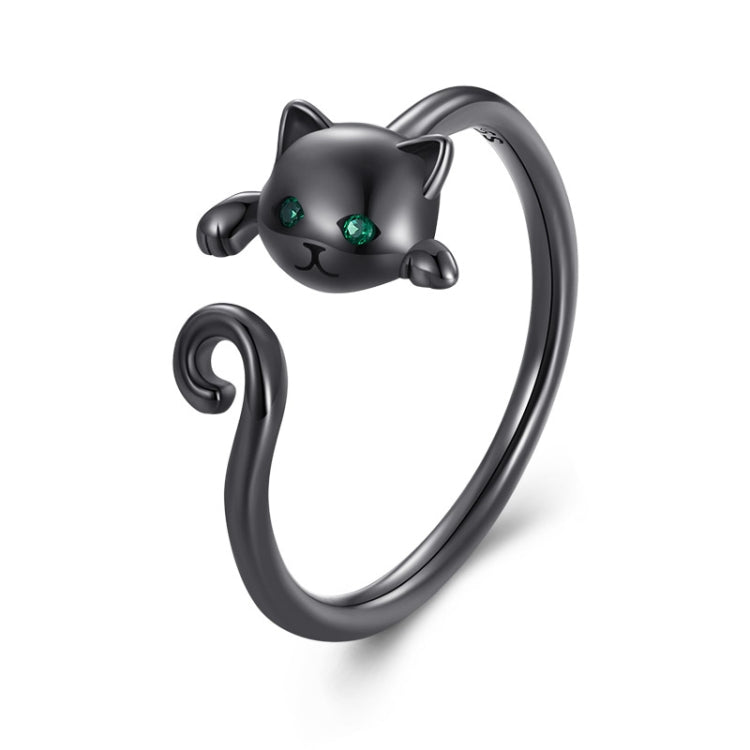 Anello aperto da donna con gatto carino in argento sterling S925, Cute Cat, Cute Cat (Black)