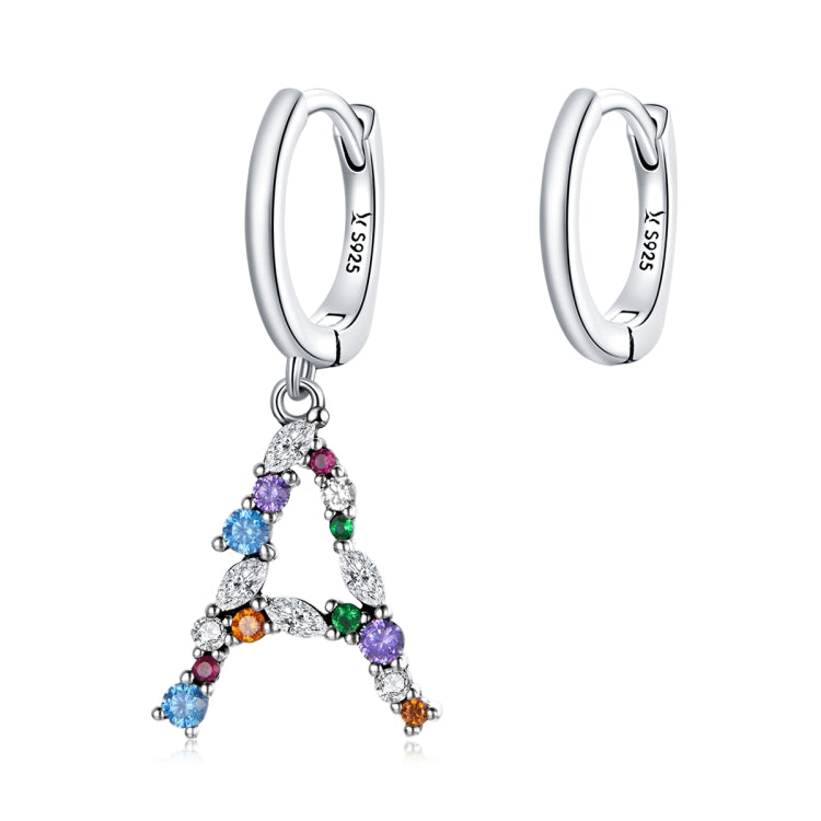 Orecchini da donna asimmetrici con lettere in zirconi colorati in argento sterling S925, Letters A