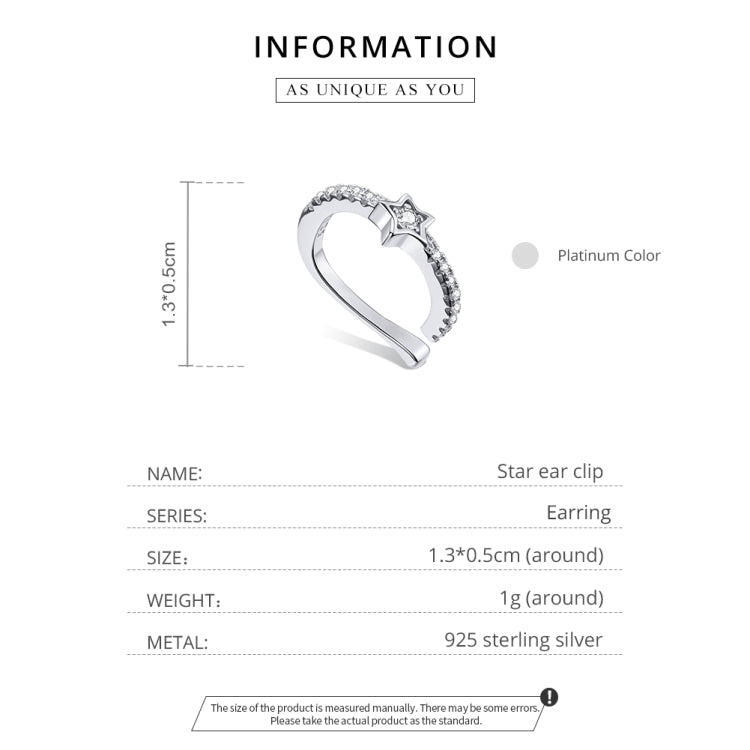 Orecchini da donna con clip per orecchio a forma di stella a cinque punte in argento sterling S925, Five-pointed Star