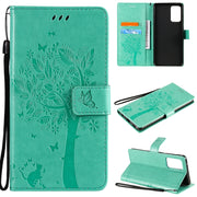 Custodia in pelle sintetica a vibrazione orizzontale con motivo ad albero e gatto con supporto e fessure per carte, portafoglio e cordino, For Samsung Galaxy A72 5G, For Samsung Galaxy S21+ 5G