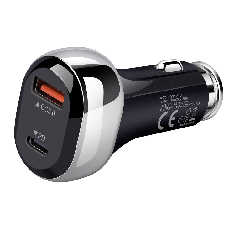 YSY-312PD QC3.0 USB + PD 18W USB-C / Type-C Caricatore per auto a ricarica rapida con doppia porta, PD 18W