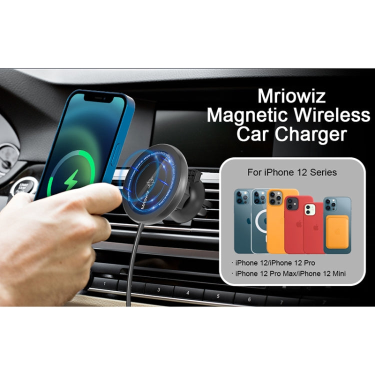 Mriowiz M-2002W Caricabatteria wireless magnetico da auto MagSafe da 15 W con rotazione a 360 gradi per iPhone serie 12, con cavo dati USB + USB-C / Type-C, lunghezza cavo: 1 m, M-2002W