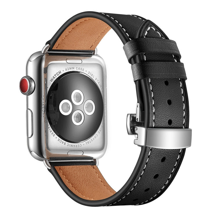 Cinturini di ricambio per fibbia in vera pelle + farfalla argento per Apple Watch Series 6 e SE e 5 e 4 44 mm / 3 e 2 e 1 42 mm, Silver Buckle For Apple Watch Series 7 45mm / 6 & SE & 5 & 4 44mm / 3 & 2 & 1 42mm