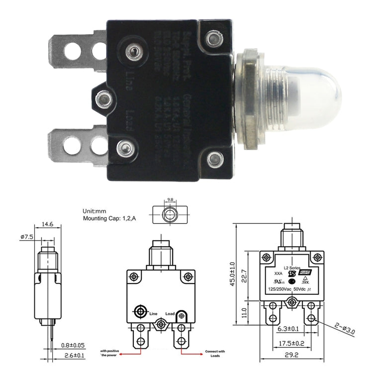 Protezione da sovraccarico per auto serie L2 50V Ripristino manuale Interruttore automatico CC con copertura impermeabile, 5A, 10A, 15A, 20A, 30A