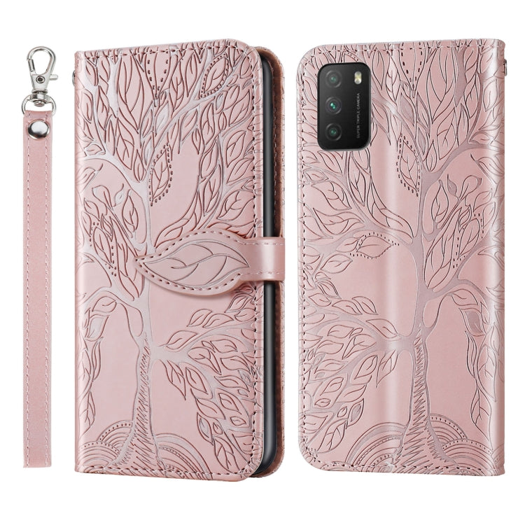 Custodia in pelle con motivo a rilievo orizzontale Life of Tree con supporto, slot per schede, portafoglio, cornice per foto e cordino, For Xiaomi Poco M3