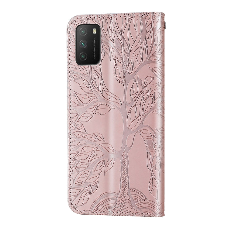 Custodia in pelle con motivo a rilievo orizzontale Life of Tree con supporto, slot per schede, portafoglio, cornice per foto e cordino, For Xiaomi Poco M3