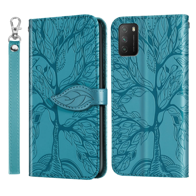 Custodia in pelle con motivo a rilievo orizzontale Life of Tree con supporto, slot per schede, portafoglio, cornice per foto e cordino, For Xiaomi Poco M3