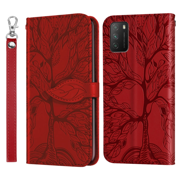 Custodia in pelle con motivo a rilievo orizzontale Life of Tree con supporto, slot per schede, portafoglio, cornice per foto e cordino, For Xiaomi Poco M3