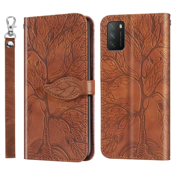 Custodia in pelle con motivo a rilievo orizzontale Life of Tree con supporto, slot per schede, portafoglio, cornice per foto e cordino, For Xiaomi Poco M3