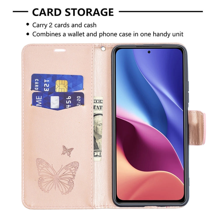 Custodia in pelle a ribalta orizzontale con motivo a goffratura a due farfalle con supporto e slot per schede, portafoglio e cordino, For Xiaomi Mi 11i / Poco F3 / Redmi K40