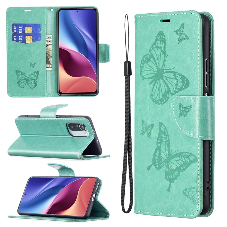 Custodia in pelle a ribalta orizzontale con motivo a goffratura a due farfalle con supporto e slot per schede, portafoglio e cordino, For Xiaomi Mi 11i / Poco F3 / Redmi K40