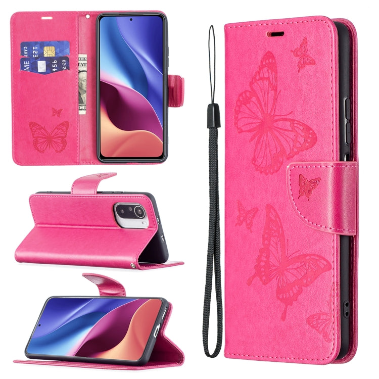Custodia in pelle a ribalta orizzontale con motivo a goffratura a due farfalle con supporto e slot per schede, portafoglio e cordino, For Xiaomi Mi 11i / Poco F3 / Redmi K40
