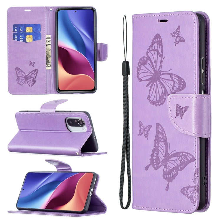 Custodia in pelle a ribalta orizzontale con motivo a goffratura a due farfalle con supporto e slot per schede, portafoglio e cordino, For Xiaomi Mi 11i / Poco F3 / Redmi K40