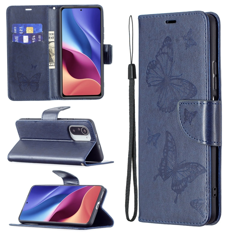 Custodia in pelle a ribalta orizzontale con motivo a goffratura a due farfalle con supporto e slot per schede, portafoglio e cordino, For Xiaomi Mi 11i / Poco F3 / Redmi K40