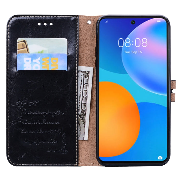 Custodia in pelle a vibrazione orizzontale con struttura in cera d'olio stile business con supporto, slot per schede e portafoglio, For Huawei P smart 2021, For Huawei Honor 10X Lite