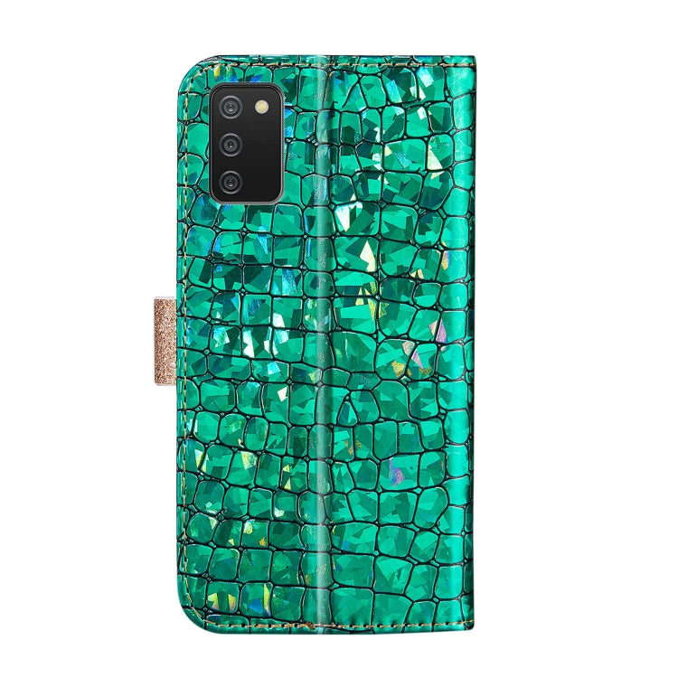 Custodia in pelle con apertura orizzontale in pelle di coccodrillo abbinata a polvere glitterata laser con fessure per carte, supporto e portafoglio, For Samsung Galaxy A02s (EU Version), For Samsung Galaxy A02s (US Version), For Samsung Galaxy A32 5G ...