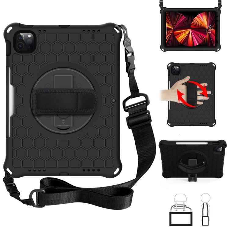 Custodia protettiva per PC in silicone antiurto a nido d'ape con rotazione a 360 gradi con supporto, tracolla e cinturino, For iPad Pro 11 (2021) / (2020) / (2018)