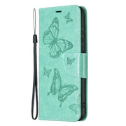 Custodia in pelle PU a vibrazione orizzontale con motivo a due farfalle in rilievo con supporto e slot per schede e portafoglio e cordino, For Samsung Galaxy A22 5G, For Samsung Galaxy A82 5G