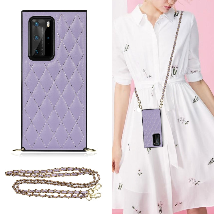 Elegante custodia antiurto in pelle microfibra con motivo rombico + TPU con tracolla a catena, For Huawei P40 Pro