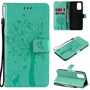 Custodia in pelle sintetica a vibrazione orizzontale con motivo ad albero e gatto con supporto e fessure per carte, portafoglio e cordino, For OPPO A93 5G / A74 5G, For OPPO A94 4G / F19 Pro / Reno 5F